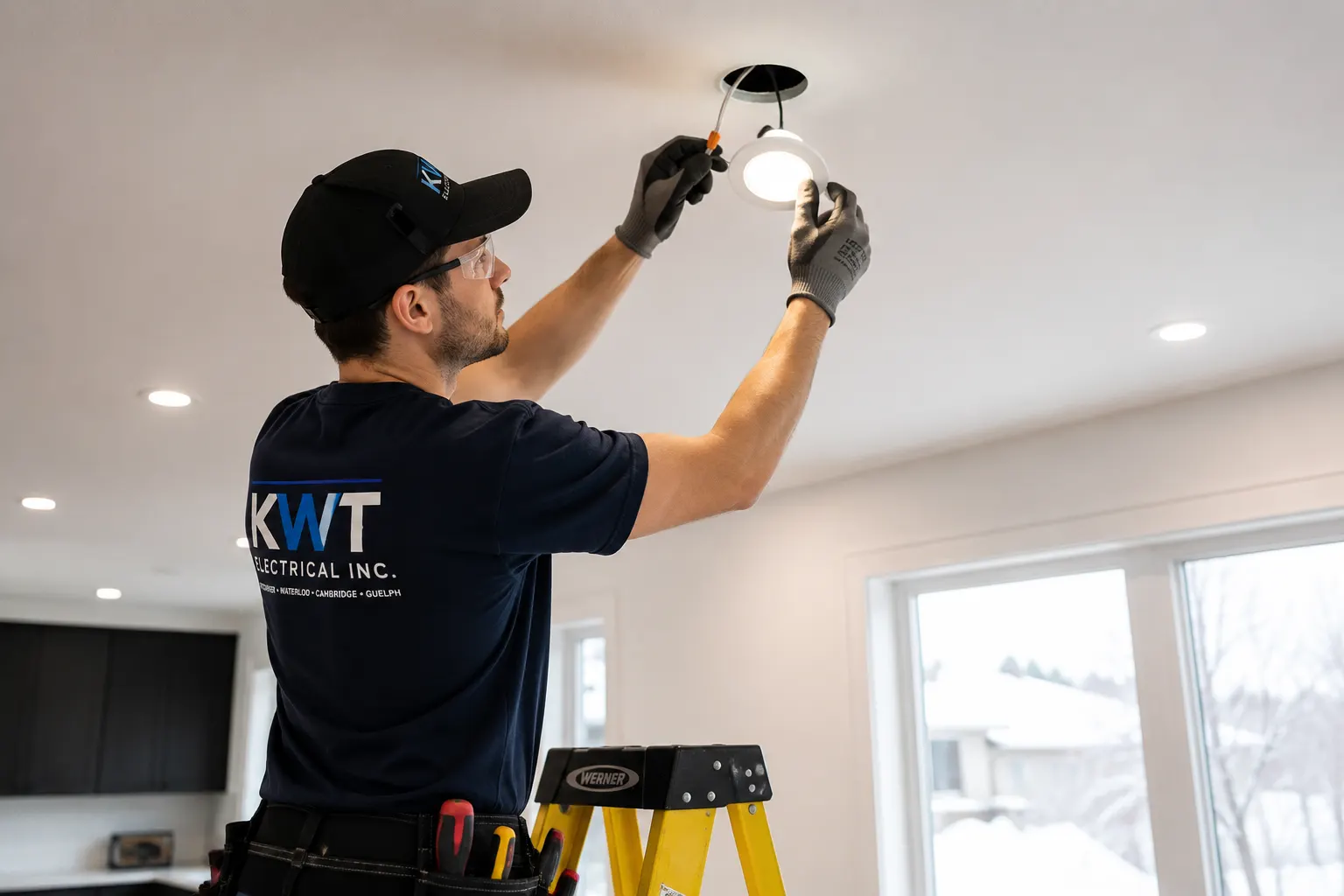 Electrician installing residential pot lights
