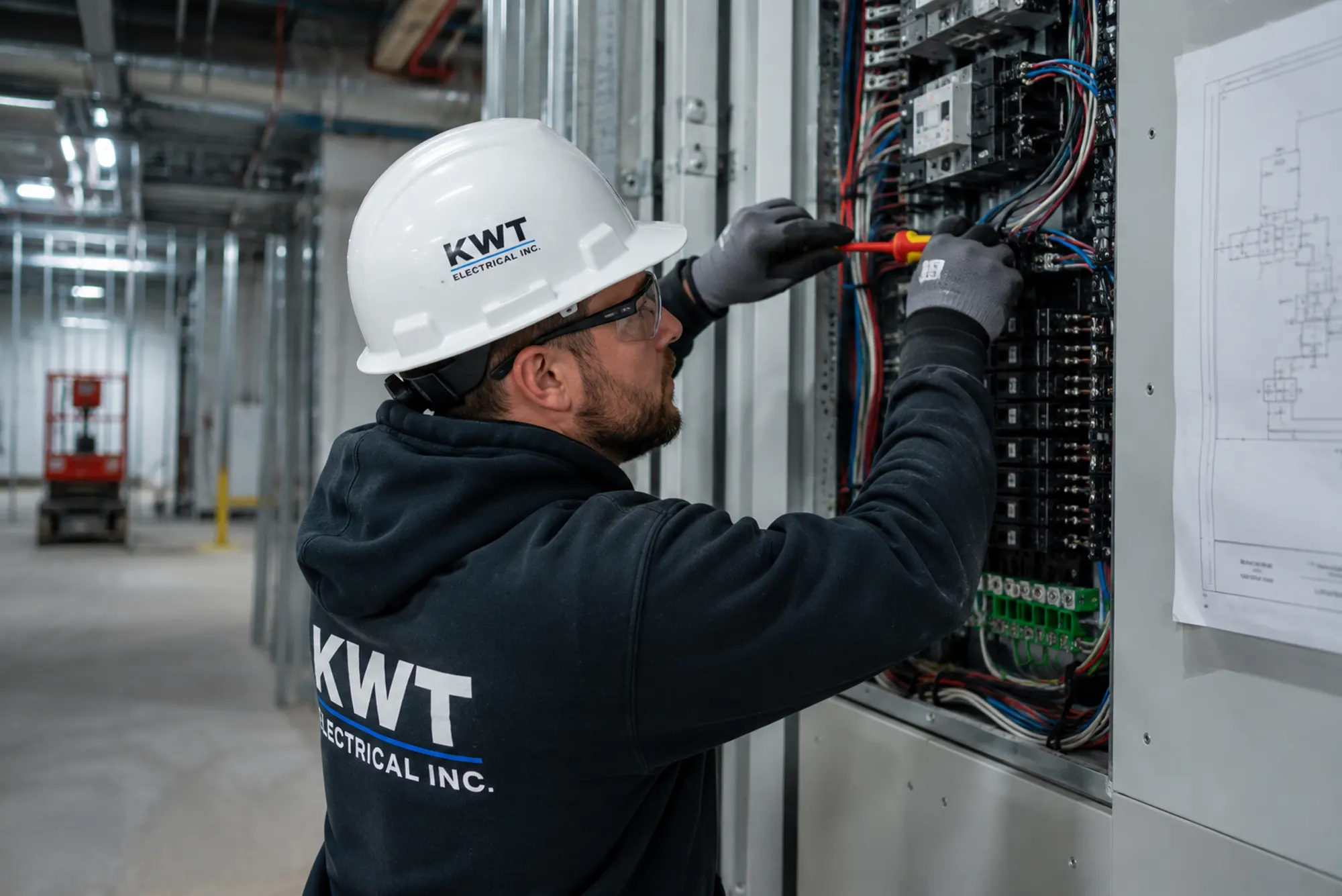 KWT electrician servicing electrical equipment in an industrial facility